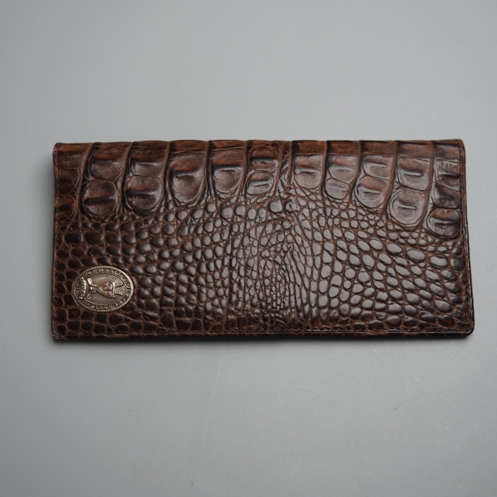 Fossil Mens Brown Croc Embossed Leather Long Bifold Wallet Checkbook Cover